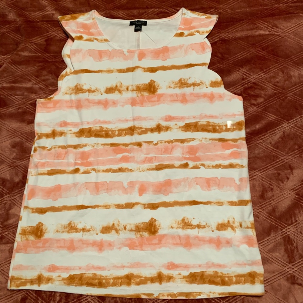 Ann Taylor Striped Scallop Sleeve Shell - Picture 2 of 4
